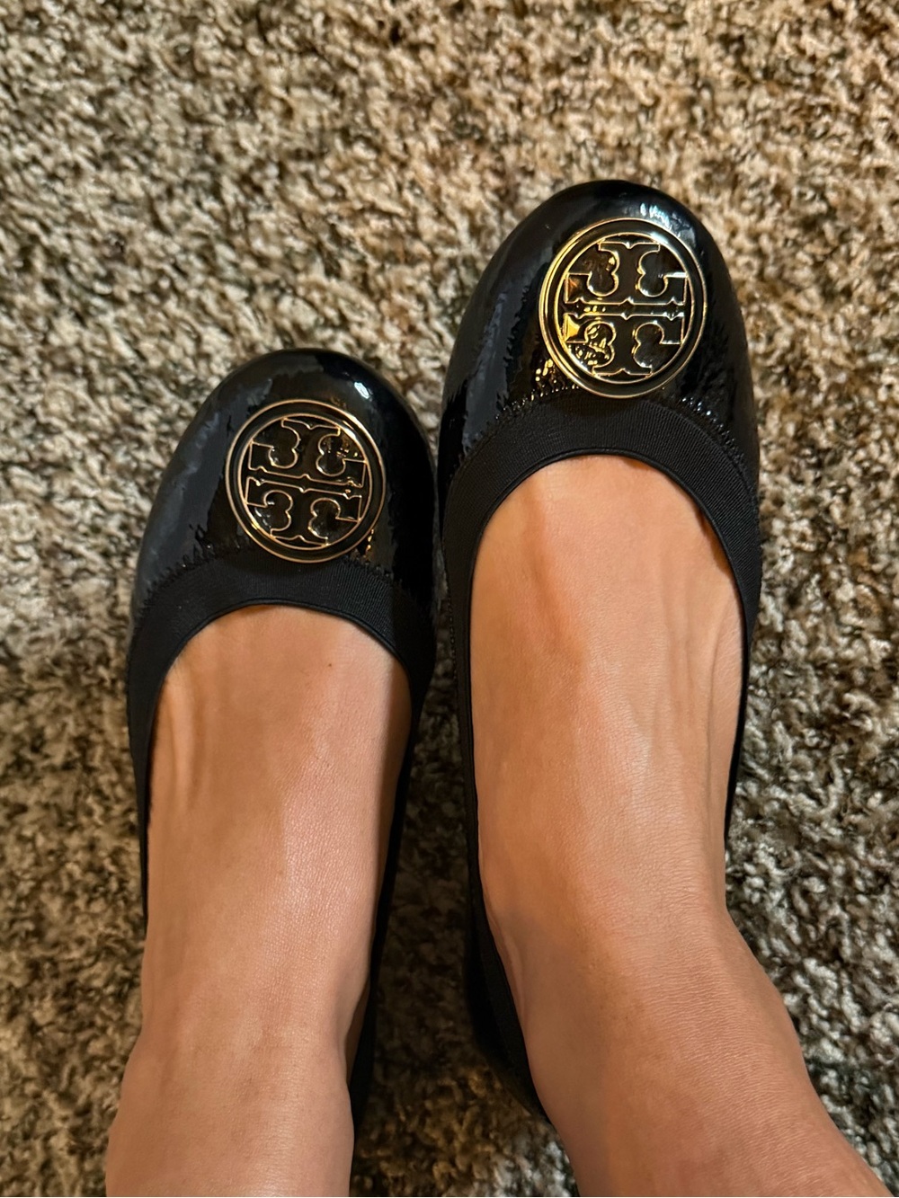 Tory Burch Black Patent Ballet Flats with Gold Logo Medallion